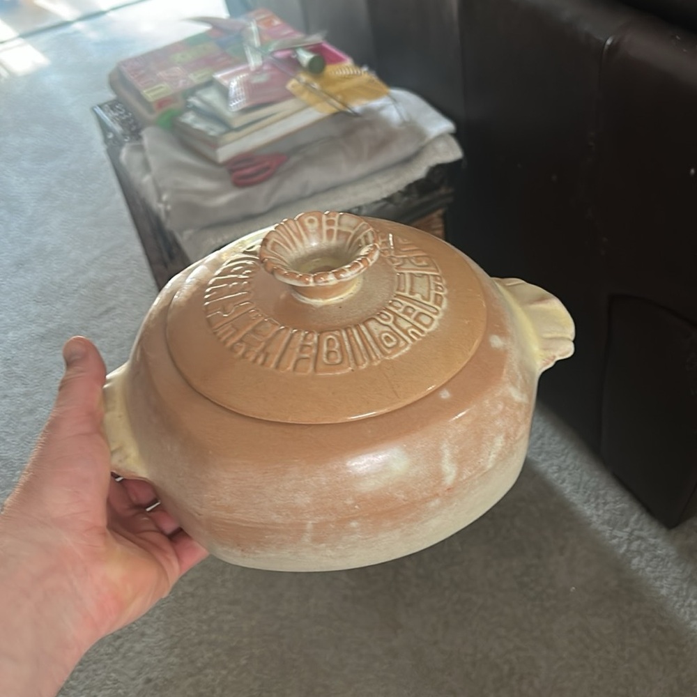 Vintage  Frankoma Ceramic Lidded Pot in Cream and Tan.
